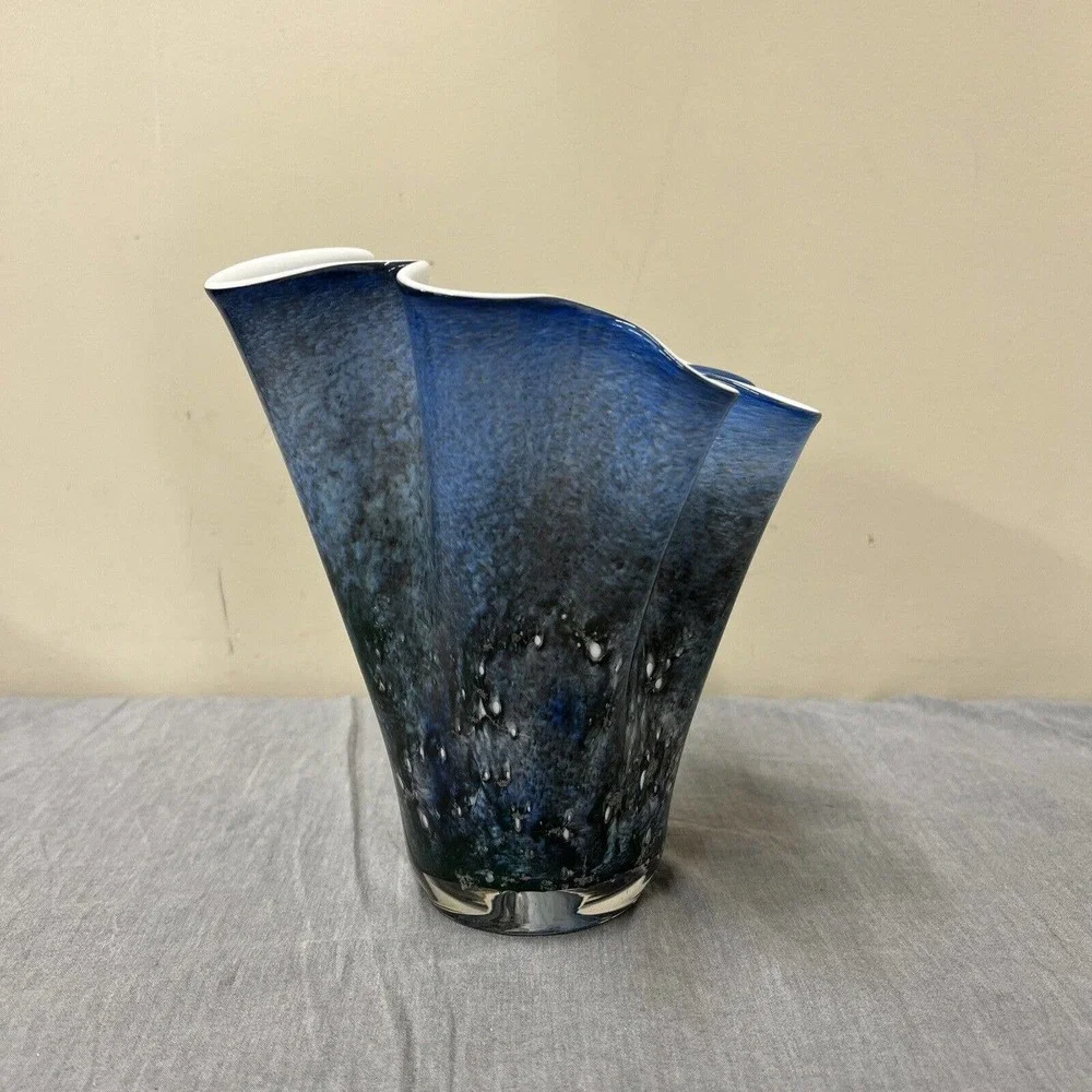 Alicja Handkerchief Blue Art Glass Vase Hand Made In Poland 8”T 7”W FS Charity